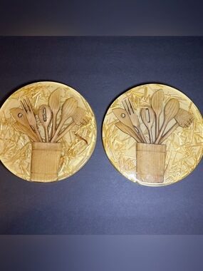 VTG 1970s Set of 2 Farmhouse Lucite Acrylic Resin Wooden Kitchen Tools Trivets